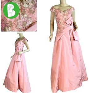 VINTAGE 1980'S VICTOR COSTA PINK OCCASION DRESS LACE EMBROIDERED & TAFFETA DRESS